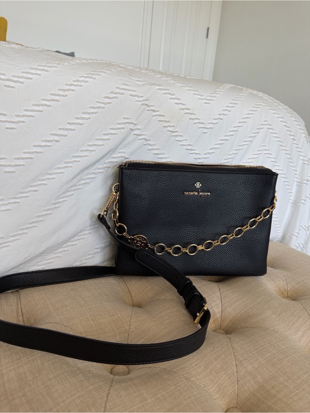 Nanette Lepore Black Textured Leather Crossbody with Gold Chain